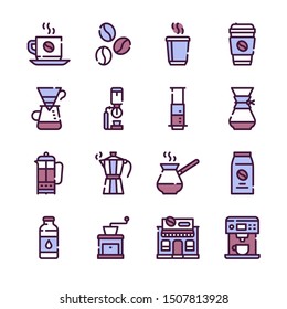 Natural coffee color linear icons set. Tasty morning drink thin line contour symbols. Delicious energising beverage. Espresso ingredients and barista tools isolated vector outline illustrations