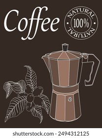 Natural coffee in illustration.Vector banner with outline image of coffee and coffee pot on color background with text.