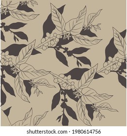 Natural Coffee With Lines For Background And Design Elements. Draw A Coffee Plant Pattern For A Fabric Print. Coffee Posters, Coffee Packaging Designs.