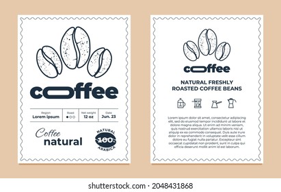 Natural coffee packaging label design template set. Graphic modern tag or sticker for brand, logo, packing. Vector eps Illustration for arabica bean roaster company typography