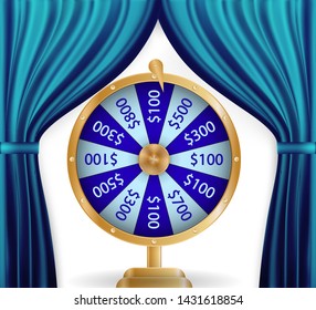 Natural color image of Curtain, open curtains Blue color with a roulette wheel . Play and win. Vector Illustration. EPS10
