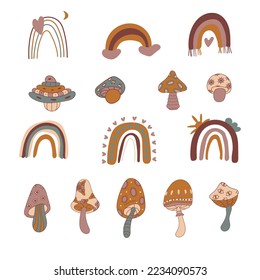 Natural color mushrooms and rainbow abstract vector set. Retro mushrooms and rainbow on a white background.