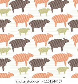Natural Color Sheep Silhouette Seamless Vector Pattern Background, Hand Drawn Lamb Animal Illustration for Nursery Room Decor, New Parents Scrapbooking, Kids Fashion Prints, Food Meat Blog Backgrounds
