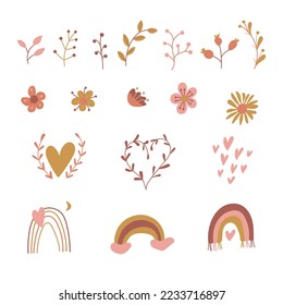Natural color twigs, flowers, heart, rainbow set. Heart, set of plants in boho style.