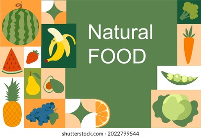 Natural colorful food banner on green background. Fruits and vegetables in simple geometric shapes. Template for flyer, poster, natural products presentation. Flat cartoon vector illustration