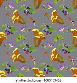 Natural colorful seamless pattern with wildflowers, mushrooms and berries on grey background For wrapping paper, decoration, textile, bags, footwears, cloth, print productions, web Vector illustration