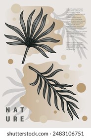 Natural colorful vintage poster design with tropical tree leaves and abstract spots for apartment in minimalist style vector illustration