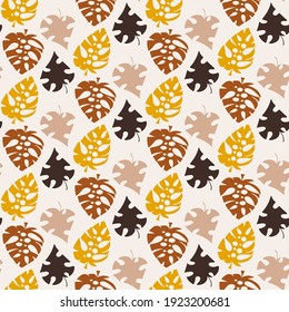 Natural colors floral seamless pattern vector. Monstera plant leaves in calm ground colors pattern. Natural calm mood ornament with monstera leaves. Perfect for bed linen, pillows, wallpaper and more