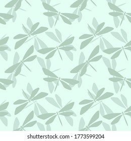 Natural colors green repeat pattern design whit dragonflies. 
