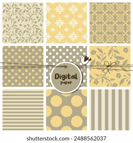Natural colors Set of colorful decorative papers, seamless patterns, flowers, dots, stripes, square swatches