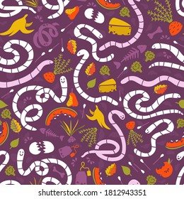 Natural compost hand drawn seamless pattern. Waste and worms. Vermicomposting. Multi colored trash. Organic waste Recycling at smart home. Zero waste ecological idea. Vermiculture. Funny backdrop.