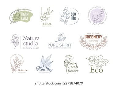 Natural cooking, ecology kitchen logo. Hand drawn products with bio elements, flowers for premium farm logotype design. Emblem and label with outline botanical elements. Vector line images