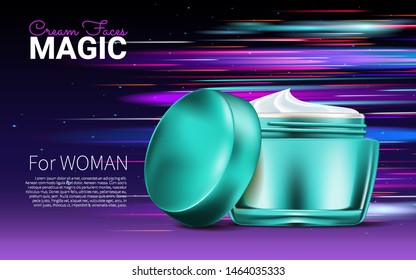 Natural Cosmetic Ads. blue package design on color background with glowing and ray light effect in 3d illustration