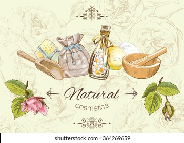 Natural Cosmetic Banner. Design For Cosmetics, Make Up, Store, Beauty Salon, Natural And Organic Products. Vector Illustration 