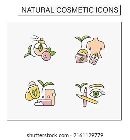 Natural cosmetic color icons set. Organic soap and deodorant, perfume, brow and eye pencil, serum for body moisturizing. Self-care concept. Isolated vector illustrations