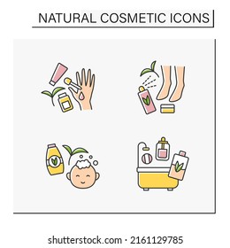Natural cosmetic color icons set. Serum for feet moisturizing, beauty procedure for baby, lotion and mask. Self-care concept. Isolated vector illustrations