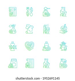 Iconos de vectores lineales de gradiente estético natural. Aditivos químicos nocivos. Ecoamistoso. Símbolos de silueta. Conjunto de símbolos de contorno de línea delgada. Colección de ilustraciones de esquemas vectoriales aislados