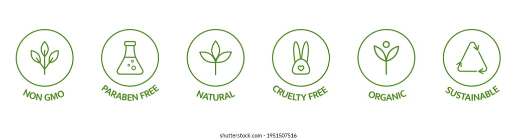 Natural cosmetic icons. Beauty badges. Cruelty free, vegan, bio, paraben free, labels. Skincare logo. GMO free emblems. Organic cosmetic line art stickers. Healthy food. Vector illustration.