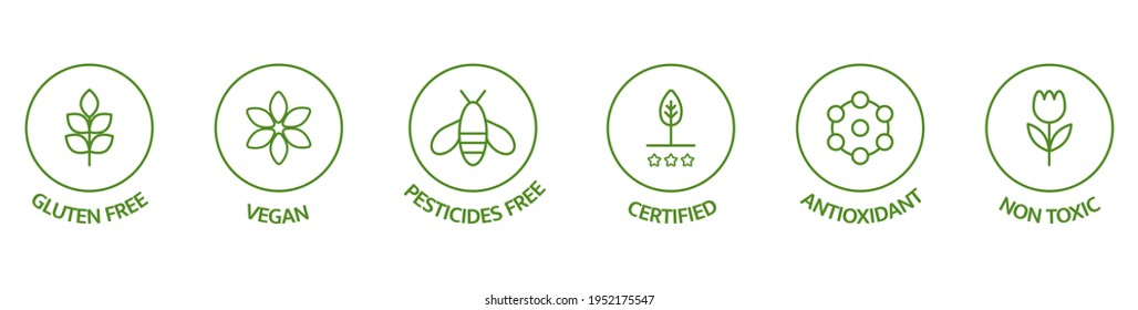 Natural cosmetic icons. Skincare logo. Pesticides free, vegan, bio, non toxic, certified labels. Beauty badges. GMO free emblems. Organic cosmetic line art stickers. Healthy food. Vector illustration.