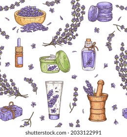 Natural cosmetic lavender seamless pattern in realistic vintage style vector illustration isolated on white background. Various cosmetic organic products for spa, body and face care.