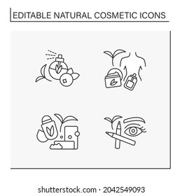 Natural cosmetic line icons set. Organic soap and deodorant, perfume, brow and eye pencil, serum for body moisturizing. Self-care concept. Isolated vector illustrations. Editable stroke