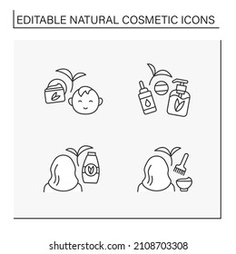 Natural cosmetic line icons set. Facial cream for moisturizing baby skin, serum and gel, shampoo, coloring. Self-care concept. Isolated vector illustrations. Editable stroke