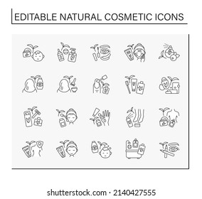Natural cosmetic line icons set. Cosmetology. Beauty cosmetic for moisturizing body and care. Self-care concept. Isolated vector illustrations. Editable stroke