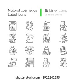 Natural cosmetic linear icons set. Eco movement. Harmful chemical additives. Silhouette symbols. Customizable thin line contour symbols. Isolated vector outline illustrations. Editable stroke