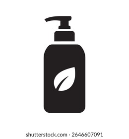 Ícone natural de loção cosmética com bomba garrafa e folha para produto de cuidados com a pele orgânica e tratamento de beleza eco amigável com herbal essência vetor ícone de glifo sólido