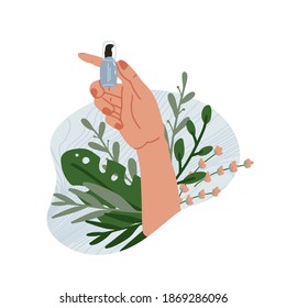 Natural cosmetic from organic plants in female elegant hand. Green leaves and small bottle. Stylish Vector flat illustration