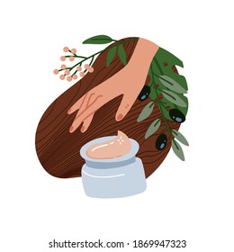 Natural cosmetic from organic plants. female hand reaching for jar of face cream. Green leaves and bottle. Spa bio creme. Stylish isolated concept. Vector flat illustration