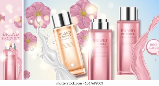 Natural cosmetic product. 3d realistic illustration. Flowers with cosmetic tubes and bottles.