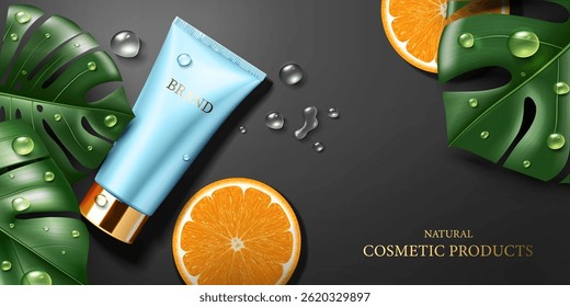 natural cosmetic product ad design.cream tube,orange slices, monstera leaves and water drops on the black floor background.cosmetic products advertising and marketing banner vector illustration.