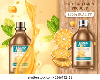 Natural cosmetic product, lemon power. 3d realistic fruits, splashes and cosmetic bottles.