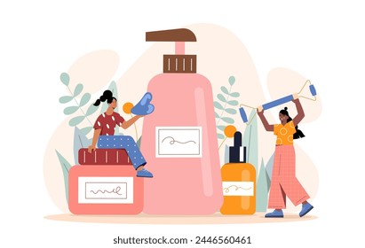 Natural cosmetic products concept. Lotions and creams, moirstruizers. Beauty and spa treatments. Care about face and body. Antiaging procedures. Cartoon flat vector illustration