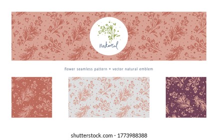 Natural cosmetic seamless pattern with tender floral ornament and hand-drawn hearts background. Eco cosmetics concept for beauty banner. Eco friendly backdrop. Icons leaves for beauty care products. 