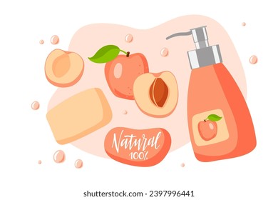Natural cosmetic set in color of 2024. Apricot or peach soap, whole and sliced ripe apricot fruit, cream jar, lettering Natural 100 percent. Body, facial skin, hair care. Packaging Design, ads poster.