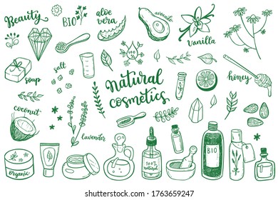 Elementos de diseño cosmético natural, spa y doodle de autocuidado