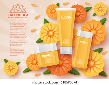 Natural cosmetic template with calendula. Vector illustration.