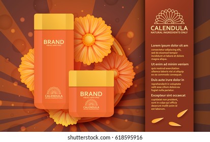 Natural cosmetic template with calendula. Vector illustration.