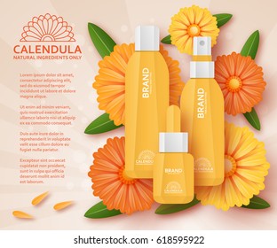 Natural cosmetic template with calendula. Vector illustration.