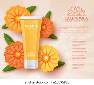 Natural cosmetic template with calendula. Vector illustration.