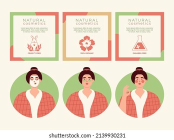 Natural cosmetic vector flat banners collection. For organic cosmetic, spa, beauty. Beauty routine concept. Illustrations of woman, who taking care of her skin.
