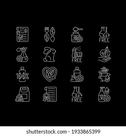 Natural cosmetic white linear icons set for dark theme. No chemicals, dermatology products. Night mode customizable thin line symbols. Isolated vector outline illustrations. Editable stroke