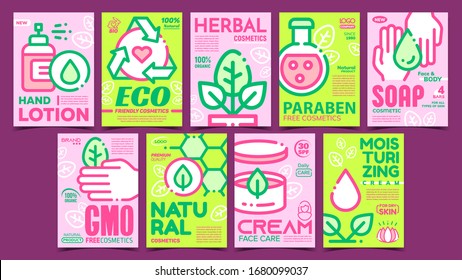 Natural Cosmetics Advertising Posters Set Vector. Eco Friendly And Herbal, Paraben And Gmo Free Cosmetics. Package With Hygiene Skincare Cream Concept Template Stylish Color Illustrations