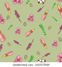 Natural cosmetics background seamless pattern, hand drawn, vector, square