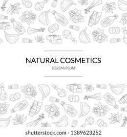 Natural Cosmetics Banner Template, Eco Organic Beauty Care Products Hand Drawn Pattern, Design Element Can Be Used for Packaging, Branding Identity, Brochure Vector Illustration