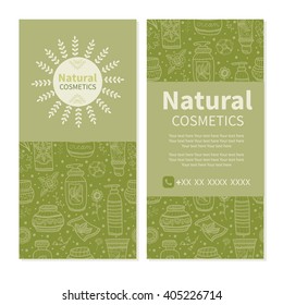 Natural cosmetics. Beauty, care. Spa. Cute vector cards with emblem and seamless pattern with cosmetics on background. 