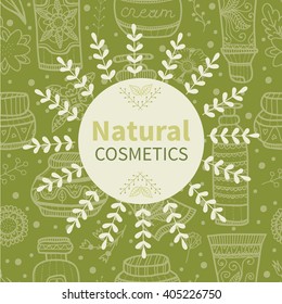 Natural cosmetics. Beauty, care. Spa. Cute vector iilustration with emblem and seamless pattern with cosmetics on background. 