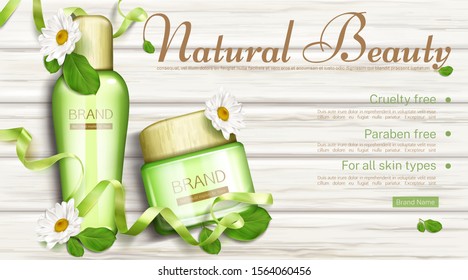 Natural cosmetics bottle and cream jar with chamomile and green leaves top view mock up banner. Eco cosmetic beauty product paraben and cruelty free for all skin types Realistic 3d vector illustration